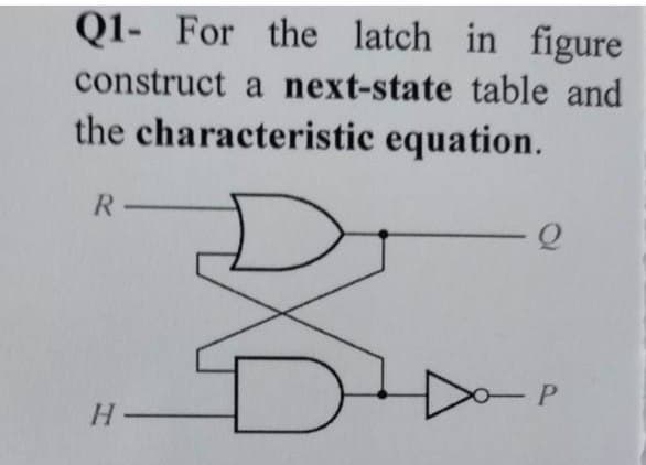 Q1- For the latch in figure
construct a next-state table and
the characteristic equation.
R-
-Q
H-
D