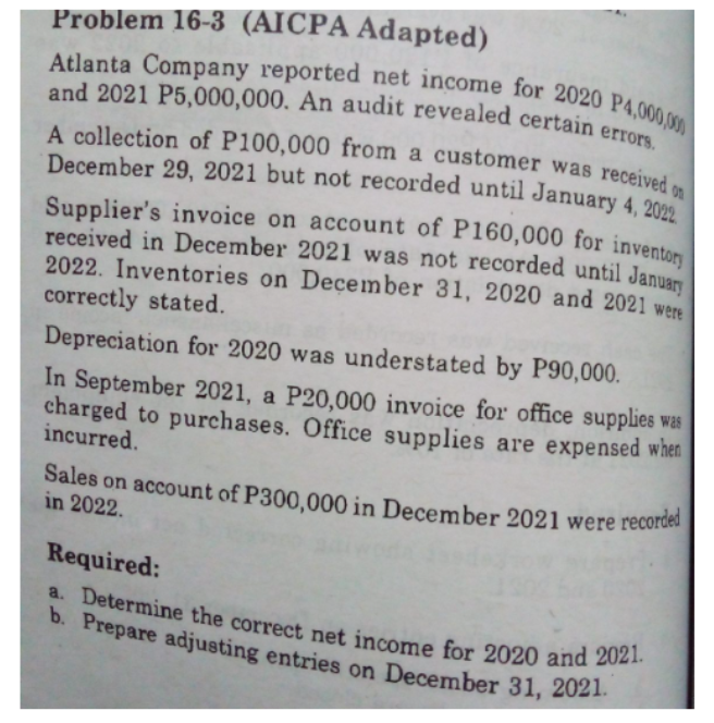 Problem 16-3 (AICPA Adapted)
Atlanta Company reported net income for 2020 P4,000,000
and 2021 P5,000,000. An audit revealed certain errors.
A collection of P100,000 from a customer was received on
December 29, 2021 but not recorded until January 4, 2022
Supplier's invoice on account of P160,000 for inventory
received in December 2021 was not recorded until January
2022. Inventories on December 31, 2020 and 2021 were
correctly stated.
Depreciation for 2020 was understated by P90,000.
In September 2021, a P20,000 invoice for office supplies was
charged to purchases. Office supplies are expensed when
incurred.
Sales on account of P300,000 in December 2021 were recorded
in 2022.
Required:
b. Prepare adjusting entries on December 31, 2021.
a. Determine the correct net income for 2020 and 2021.