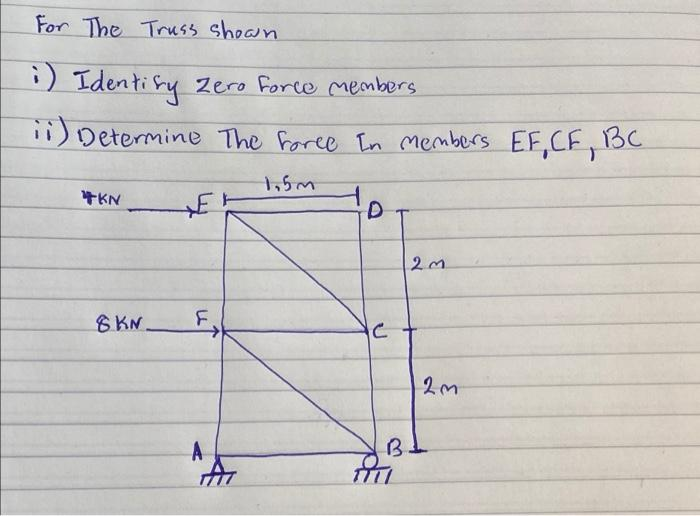 For The Truss shoan
:) Identi by zero Force members
Determine The force In members EF,CE, 13C
1,5m
*KN
8 KN
A
