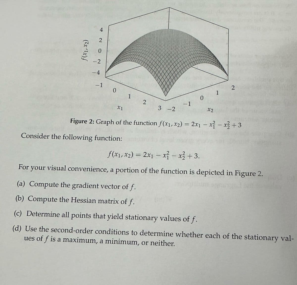 f(x1,x2)
4
2
0
-2
-4
−1
2
0
1
1
0
2
-1
X1
3-2
x2
Figure 2: Graph of the function f(x1, x2) = 2x1 = x²-x+3
Consider the following function:
f(x1, x2) = 2x1 - x-x+3.
-
For your visual convenience, a portion of the function is depicted in Figure 2.
(a) Compute the gradient vector of f.
(b) Compute the Hessian matrix of f.
(c) Determine all points that yield stationary values of f.
(d) Use the second-order conditions to determine whether each of the stationary val-
ues of f is a maximum, a minimum, or neither.