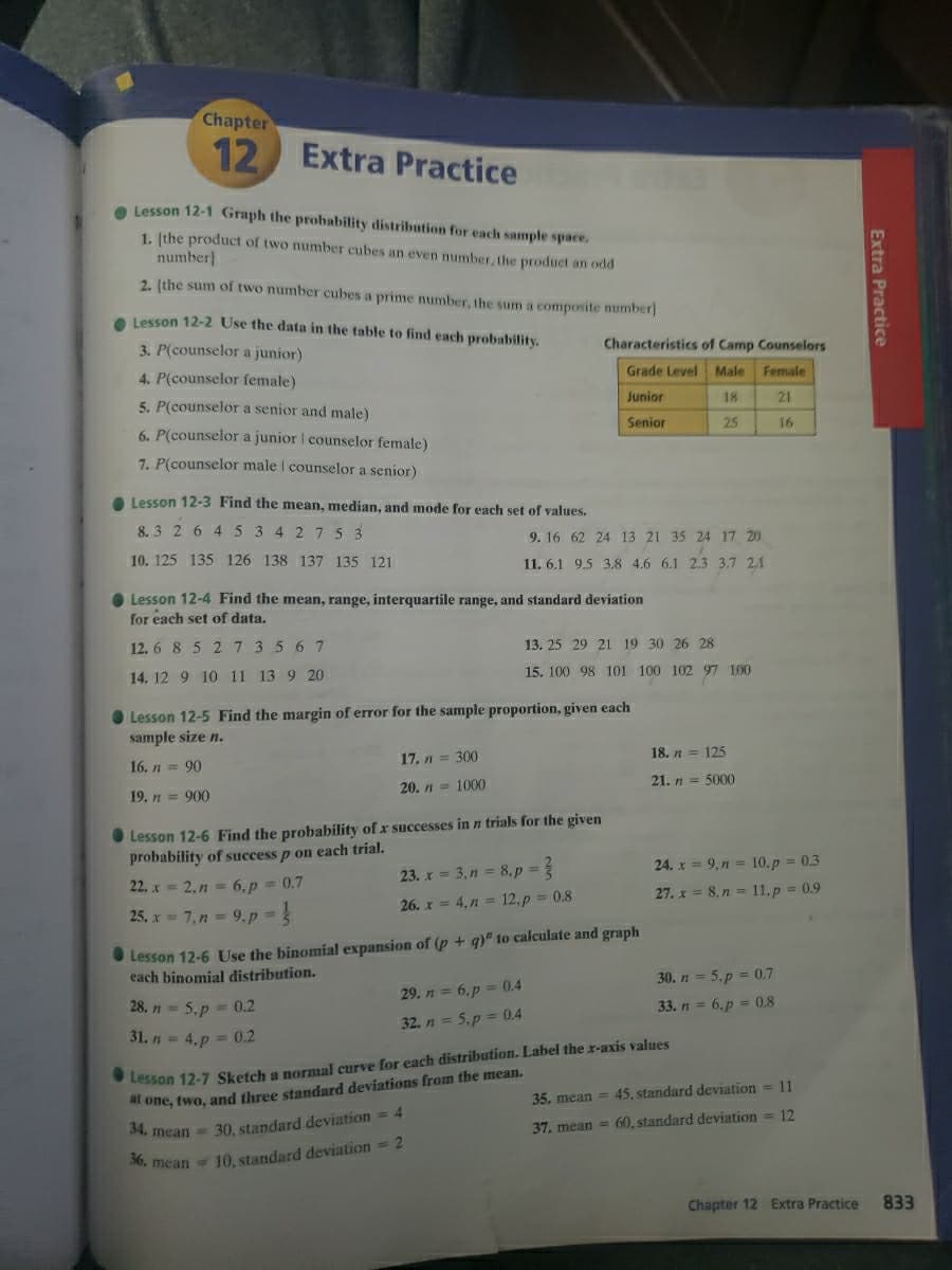 Chapter
12
Extra Practice
e Lesson 12-1 Graph the probability distribution for each samnple space.
1. (the product of two number cubes an even number, the product an odd
number)
2. (the sum of two number cubes a prime number, the sum a composite number
e Lesson 12-2 Use the data in the table to find each probability.
3. P(counselor a junior)
Characteristics of Camp Counselors
Grade Level Male
Female
4. P(counselor female)
Junior
18
21
5. P(counselor a senior and male)
Senior
25
16
6. P(counselor a junior I counselor female)
7. P(counselor male I counselor a senior)
O Lesson 12-3 Find the mean, median, and mode for each set of values.
8. 3 2 6 4 5 3 4 27 S 3
9. 16 62 24 13 21 35 24 17 20
10. 125 135 126 138 137 135 121
11. 6.1 9.5 3.8 4.6 6.1 2.3 3.7 21
O Lesson 12-4 Find the mean, range, interquartile range, and standard deviation
for each set of data.
12. 6 8 5 27 35 67
13. 25 29 21 19 30 26 28
15. 100 98 101 100 102 97 100
14. 12 9 10 11 13 9 20
O Lesson 12-5 Find the margin of error for the sample proportion, given each
sample size n.
17. n = 300
18. n = 125
16. n = 90
21. n = 5000
20. n = 1000
19. n = 900
O Lesson 12-6 Find the probability of x successes in n trials for the given
probability of success p on each trial.
24. x = 9, n = 10.p = 0.3
23. x = 3,n = 8.p =
22. x = 2, n= 6,p = 0.7
27. x = 8, n = 11.p = 0.9
26. x = 4, n = 12, p = 0.8
25. x 7, n = 9,p =
Lesson 12-6 Use the binomial expansion of (p + q)" to calculate and graph
each binomial distribution.
30. n = 5.p = 0.7
29. n = 6,p = 0.4
28. n= 5.p =0.2
33. n = 6,p = 0.8
32. n = 5.p = 0.4
31. n = 4. p= 0.2
Lesson 12-7 Sketch a normal curve for each distribution. Label the x-axis values
at one, two, and three standard deviations from the mean.
35. mean = 45, standard deviation = 11
4. mean = 30, standard deviation = 4
: 2
37. mean = 60, standard deviation = 12
, mean 10, standard deviation
Chapter 12 Extra Practice
833
Extra Practice
