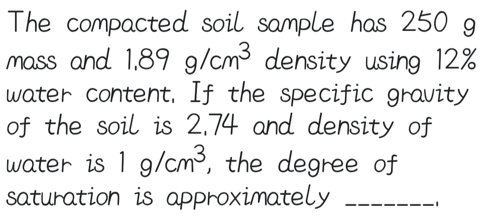 The compacted soil sample has 250 g
mass and 1.89 g/cm³ density using 12%
water content. If the specific gravity
of the soil is 2,74 and density of
water is 1 g/cm³, the degree of
saturation is approximately