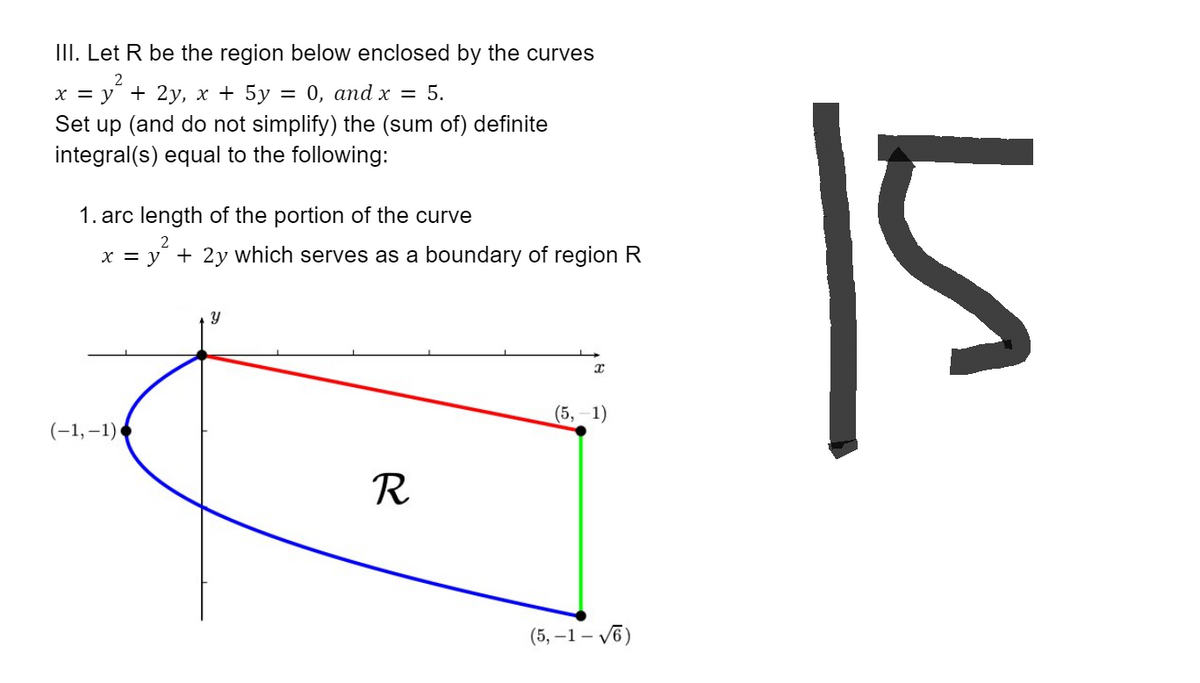 III. Let R be the region below enclosed by the curves
x = y² + 2y, x + 5y = 0, and x = 5.
Set up (and do not simplify) the (sum of) definite
integral(s) equal to the following:
1. arc length of the portion of the curve
2
x = y + 2y which serves as a boundary of region R
Y
X
(5,-1)
(-1,-1)
R
(5,-1-√6)
15
и