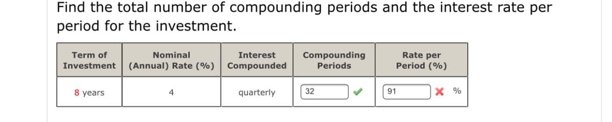 Find the total number of compounding periods and the interest rate per
period for the investment.
Term of
Nominal
Interest
Compounding
Rate per
Investment
(Annual) Rate (%)
Compounded
Periods
Period (%)
8 years
4
quarterly
32
91
X %
