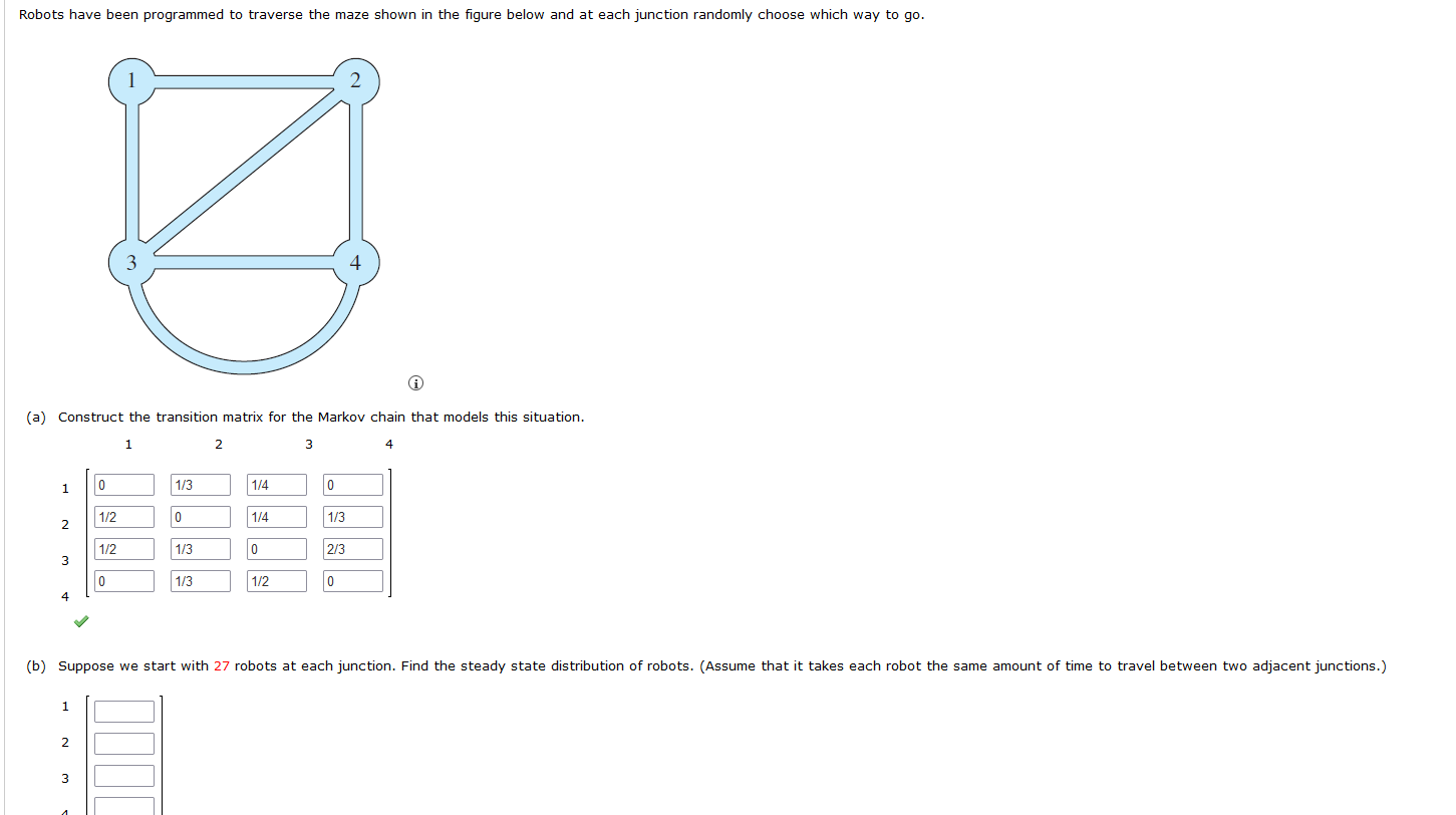 Robots have been programmed to traverse the maze shown in the figure below and at each junction randomly choose which way to go.
(a) Construct the transition matrix for the Markov chain that models this situation.
1
3
4
1
2
3
1
Ø
3
4
2
3
0
1/2
1/2
0
1/3
0
1/3
1/3
2
1/4
1/4
0
1/2
0
(b) Suppose we start with 27 robots at each junction. Find the steady state distribution of robots. (Assume that it takes each robot the same amount of time to travel between two adjacent junctions.)
1/3
2/3
0
