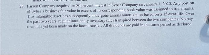 28. Parson Company acquired an 80 percent interest in Syber Company on January 1, 2020. Any portion
of Syber's business fair value in excess of its corresponding book value was assigned to trademarks.
This intangible asset has subsequently undergone annual amortization based on a 15-year life. Over
the past two years, regular intra-entity inventory sales transpired between the two companies. No pay-
ment has yet been made on the latest transfer. All dividends are paid in the same period as declared.