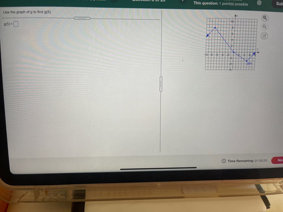 This question: 1 point(s) possible
Sub
Use the graph of g to find g(5).
Ay
...
9(5)=D
Time Remaining: 01:50:20
Nez
....
