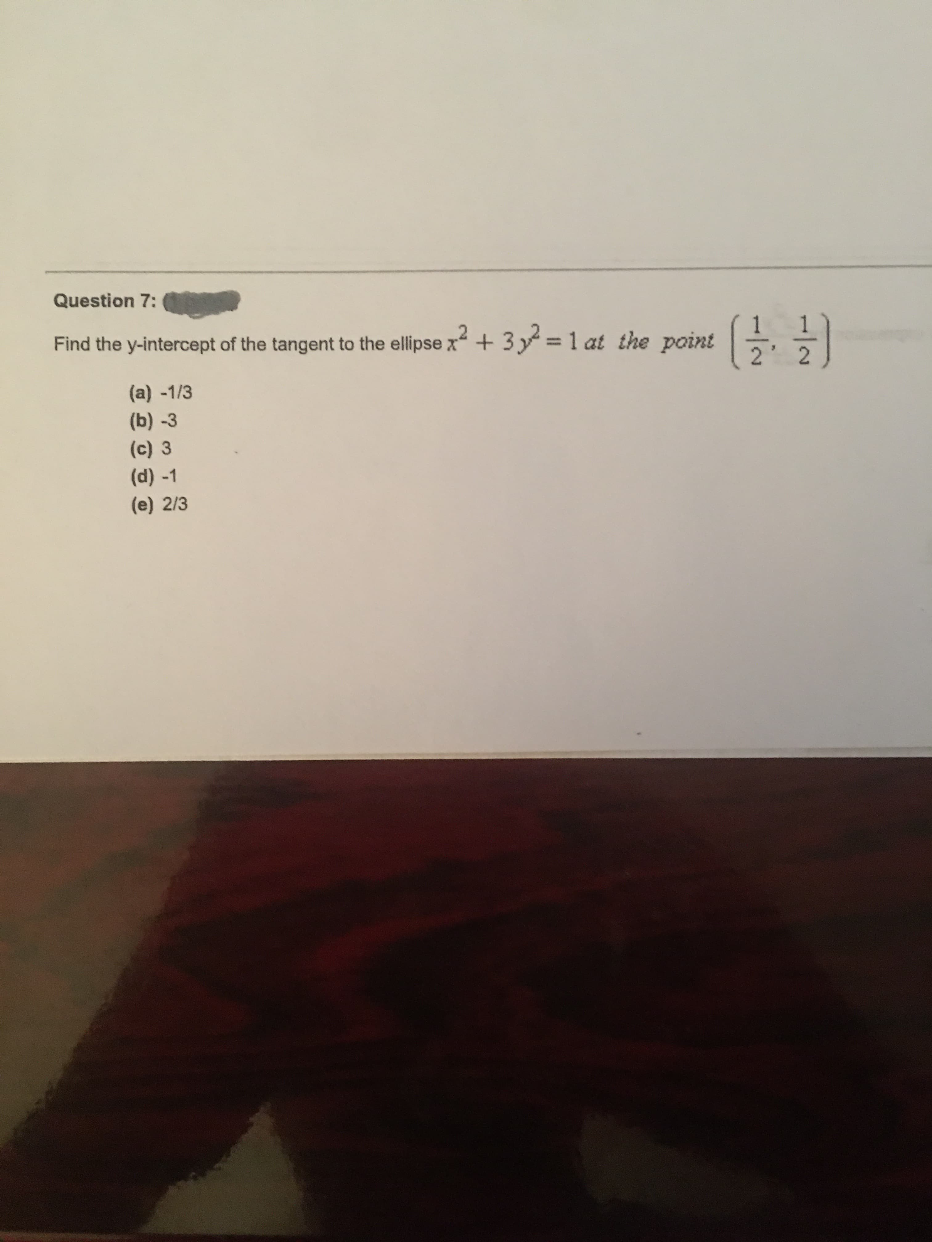 Find the y-intercept of the tangent to the ellipse x + 3y = 1 at the point
%3D
1/2
