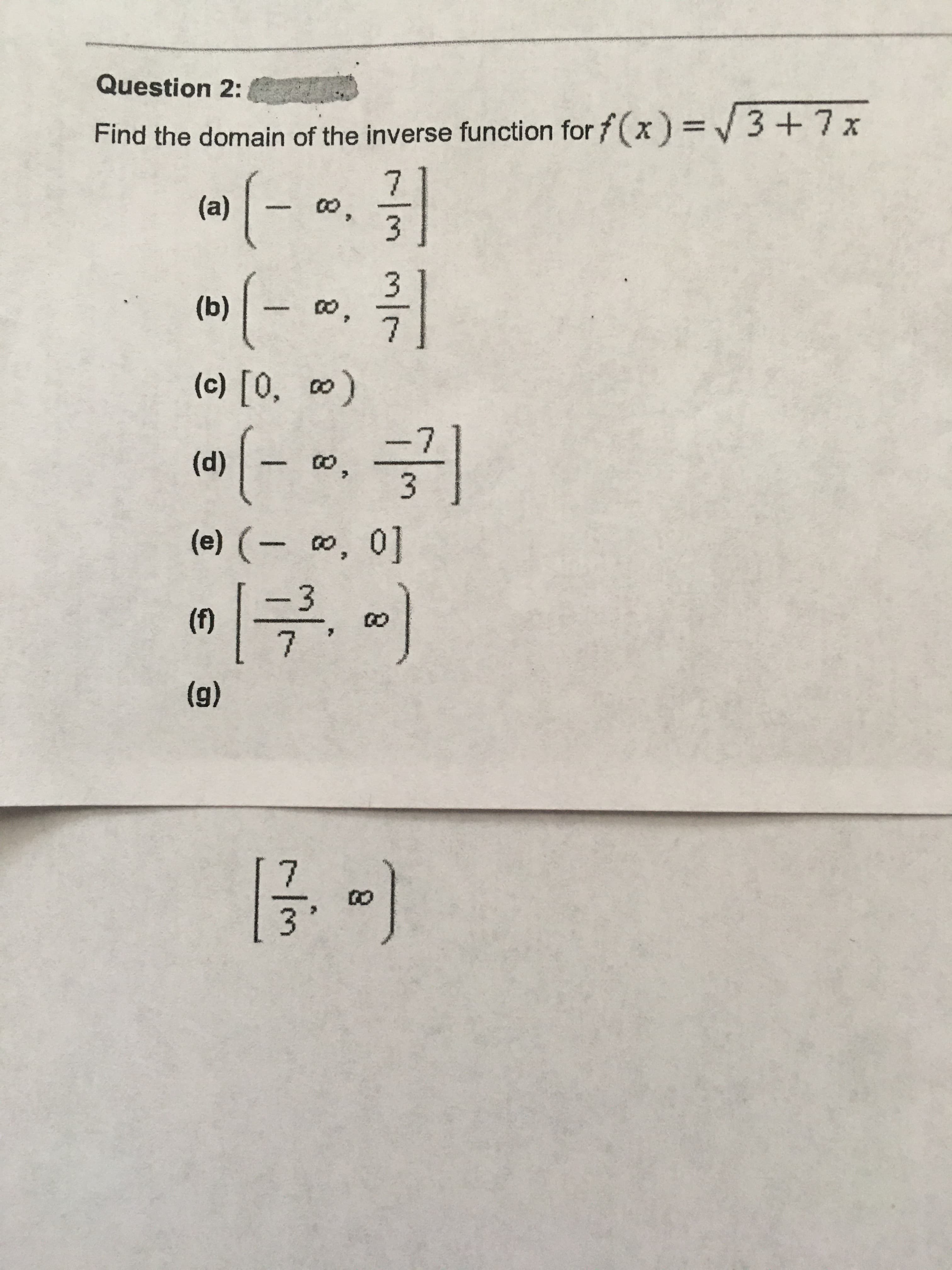 Find the domain of the inverse function for f(x)=/3+7x
