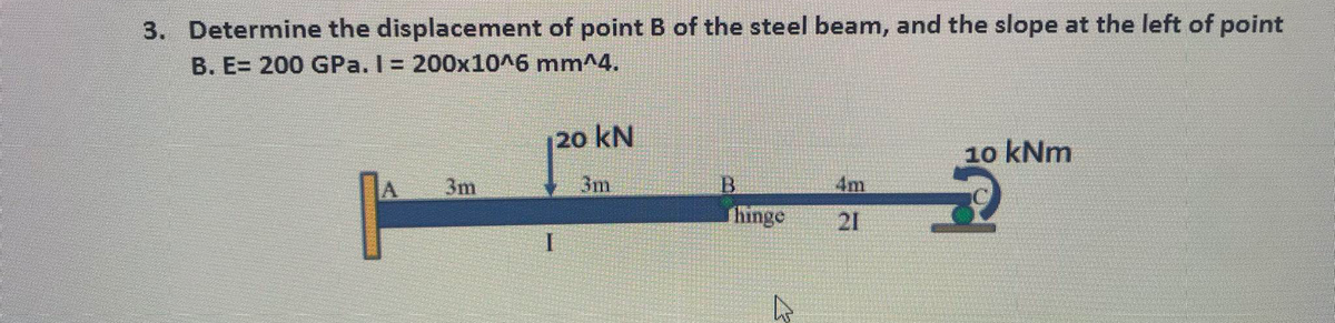 3. Determine the displacement of point B of the steel beam, and the slope at the left of point
B. E= 200 GPa. I 200x10^6 mm^4.
20 kN
10 kNm
3m
3m
B.
4m
hinge
21
