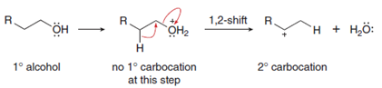 1,2-shift R.
она
н + H,б:
HỘ-
Н
1° alcohol
no 1° carbocation
at this step
2° carbocation
