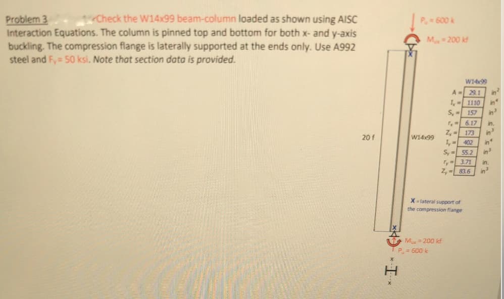 Problem 3
Interaction Equations. The column is pinned top and bottom for both x- and y-axis
buckling. The compression flange is laterally supported at the ends only. Use A992
steel and Fy= 50 ksi. Note that section data is provided.
1Check the W14x99 beam-column loaded as shown using AISC
P 600 k
M 200 kf
W1499
A = 29.1
I, = 1110
in
in
S, 157
in
r, 6.17
Z,
in
20 f
W14x99
173
in
I, = 402
in
Sy - 55.2
in
ry= 3.71
2, - 83.6
in.
in
X = lateral support of
the compression flange
Mux =200 kf
TP. = 600 k
*I CH
