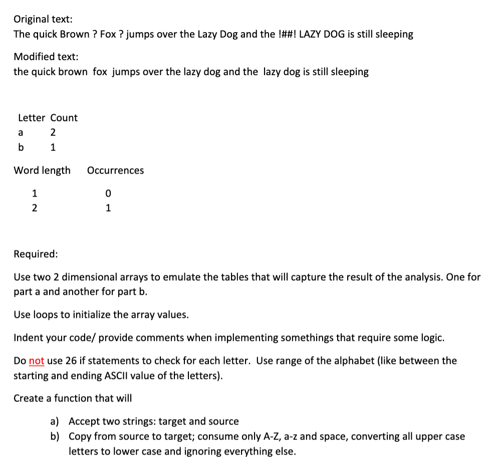 Original text:
The quick Brown ? Fox ? jumps over the Lazy Dog and the !##! LAZY DOG is still sleeping
Modified text:
the quick brown fox jumps over the lazy dog and the lazy dog is still sleeping
Letter Count
a
2
b
1
Word length
Occurrences
1
Required:
Use two 2 dimensional arrays to emulate the tables that will capture the result of the analysis. One for
part a and another for part b.
Use loops to initialize the array values.
Indent your code/ provide comments when implementing somethings that require some logic.
Do not use 26 if statements to check for each letter. Use range of the alphabet (like between the
starting and ending ASCII value of the letters).
Create a function that will
a) Accept two strings: target and source
b) Copy from source to target; consume only A-Z, a-z and space, converting all upper case
letters to lower case and ignoring everything else.
