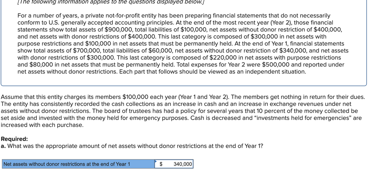 [The following information applies to the questions displayed below.]
For a number of years, a private not-for-profit entity has been preparing financial statements that do not necessarily
conform to U.S. generally accepted accounting principles. At the end of the most recent year (Year 2), those financial
statements show total assets of $900,00O, total liabilities of $100,000, net assets without donor restriction of $400,000,
and net assets with donor restrictions of $400,000. This last category is composed of $300,000 in net assets with
purpose restrictions and $100,000 in net assets that must be permanently held. At the end of Year 1, financial statements
show total assets of $700,000, total liabilities of $60,000, net assets without donor restriction of $340,000, and net assets
with donor restrictions of $300,000. This last category is composed of $220,000 in net assets with purpose restrictions
and $80,000 in net assets that must be permanently held. Total expenses for Year 2 were $500,000 and reported under
net assets without donor restrictions. Each part that follows should be viewed as an independent situation.
Assume that this entity charges its members $100,000 each year (Year 1 and Year 2). The members get nothing in return for their dues.
The entity has consistently recorded the cash collections as an increase in cash and an increase in exchange revenues under net
assets without donor restrictions. The board of trustees has had a policy for several years that 10 percent of the money collected be
set aside and invested with the money held for emergency purposes. Cash is decreased and "investments held for emergencies" are
increased with each purchase.
Required:
a. What was the appropriate amount of net assets without donor restrictions at the end of Year 1?
Net assets without donor restrictions at the end of Year 1
$
340,000
