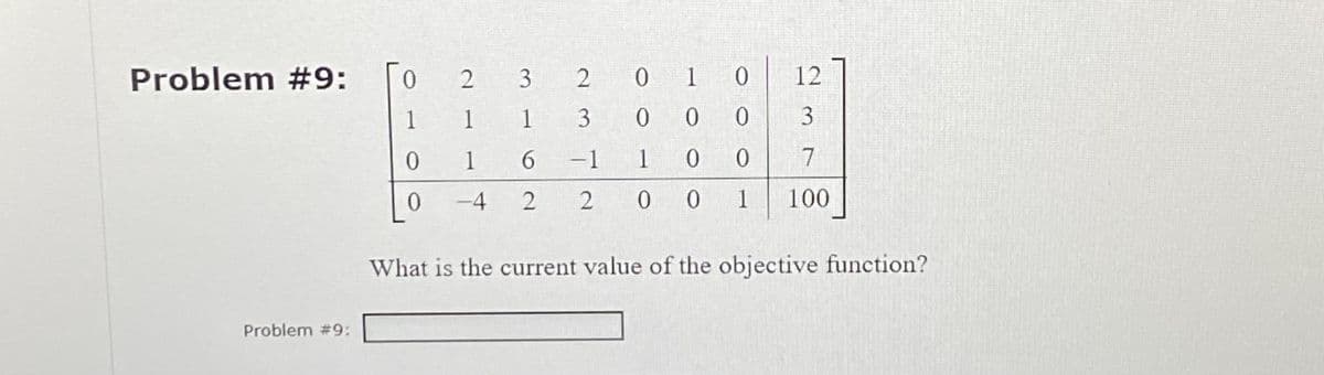 Problem #9:
Problem #9:
0
1
0
0
2
1
3
1
1
6
-4 2
2
12
3
0
3
-1
0 0
7
2 00 1 100
010
0 0
1
What is the current value of the objective function?