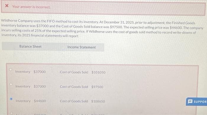 x Your answer is incorrect.
Wildhorse Company uses the FIFO method to cost its inventory. At December 31, 2025, prior to adjustment, the Finished Goods
inventory balance was $37000 and the Cost of Goods Sold balance was $97500. The expected selling price was $44600. The company
incurs selling costs of 25% of the expected selling price. If Wildhorse uses the cost of goods sold method to record write-downs of
inventory, its 2025 financial statements will report
Balance Sheet
Inventory $37000
Inventory $37000
Inventory $44600
Income Statement
Cost of Goods Sold $101050
Cost of Goods Sold $97500
Cost of Goods Sold $108650
SUPPOR