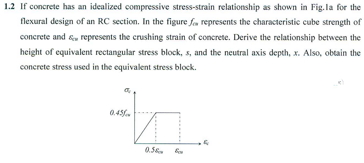 1.2 If concrete has an idealized compressive stress-strain relationship as shown in Fig.la for the
flexural design of an RC section. In the figure feu represents the characteristic cube strength of
concrete and Ecu represents the crushing strain of concrete. Derive the relationship between the
height of equivalent rectangular stress block, s, and the neutral axis depth, x. Also, obtain the
concrete stress used in the equivalent stress block.
Oc
h
0.5&cu Ecu
0.45fcu
Ec