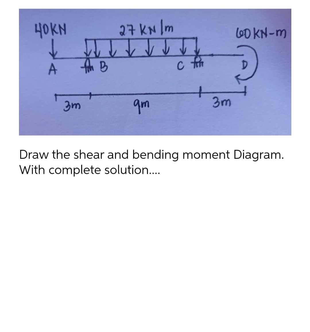 27 kN lm
3m
qm
3m
Draw the shear and bending moment Diagram.
With complete solution....
40KN
↓
A
fim B
C for
+
60 KN-m