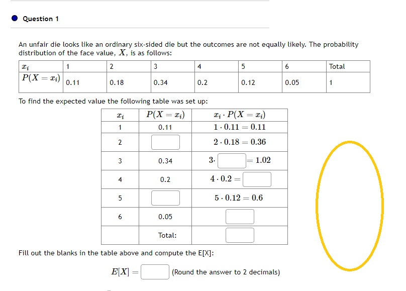 Question 1
An unfair die looks like an ordinary six-sided die but the outcomes are not equally likely. The probability
distribution of the face value, X, is as follows:
1
2
3
0.34
Xi
P(X = x₁)
0.11
0.18
Xi
1
To find the expected value the following table was set up:
P(X = x₂)
0.11
2
3
4
5
6
E[X]
0.34
=
0.2
4
0.05
0.2
3.
Total:
Fill out the blanks in the table above and compute the E[X]:
x₁ · P(X = x₁)
1.0.11 0.11
2.0.18 0.36
4.0.2
5
0.12
=
=
1.02
5.0.12 0.6
=
(Round the answer to 2 decimals)
6
0.05
Total
1