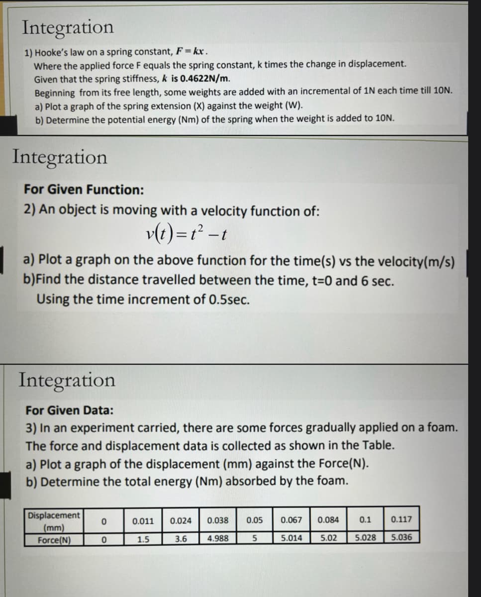 Integration
1) Hooke's law on a spring constant, F = kx.
Where the applied force F equals the spring constant, k times the change in displacement.
Given that the spring stiffness, k is 0.4622N/m.
Beginning from its free length, some weights are added with an incremental of 1N each time till 10N.
a) Plot a graph of the spring extension (X) against the weight (W).
b) Determine the potential energy (Nm) of the spring when the weight is added to 10N.
Integration
For Given Function:
2) An object is moving with a velocity function of:
v(t)=t²-t
a) Plot a graph on the above function for the time(s) vs the velocity(m/s)
b) Find the distance travelled between the time, t=0 and 6 sec.
Using the time increment of 0.5sec.
Integration
For Given Data:
3) In an experiment carried, there are some forces gradually applied on a foam.
The force and displacement data is collected as shown in the Table.
a) Plot a graph of the displacement (mm) against the Force(N).
b) Determine the total energy (Nm) absorbed by the foam.
Displacement
(mm)
Force (N)
0
0
0.011 0.024 0.038 0.05 0.067 0.084
3.6
5.014
1.5
4.988
0.1
5.02 5.028
5
0.117
5.036