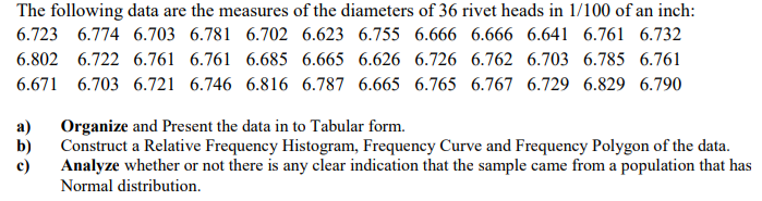 The following data are the measures of the diameters of 36 rivet heads in 1/100 of an inch:
6.723 6.774 6.703 6.781 6.702 6.623 6.755 6.666 6.666 6.641 6.761 6.732
6.802 6.722 6.761 6.761 6.685 6.665 6.626 6.726 6.762 6.703 6.785 6.761
6.671 6.703 6.721 6.746 6.816 6.787 6.665 6.765 6.767 6.729 6.829 6.790
a)
Organize and Present the data in to Tabular form.
b)
Construct a Relative Frequency Histogram, Frequency Curve and Frequency Polygon of the data.
c)
Analyze whether or not there is any clear indication that the sample came from a population that has
Normal distribution.
