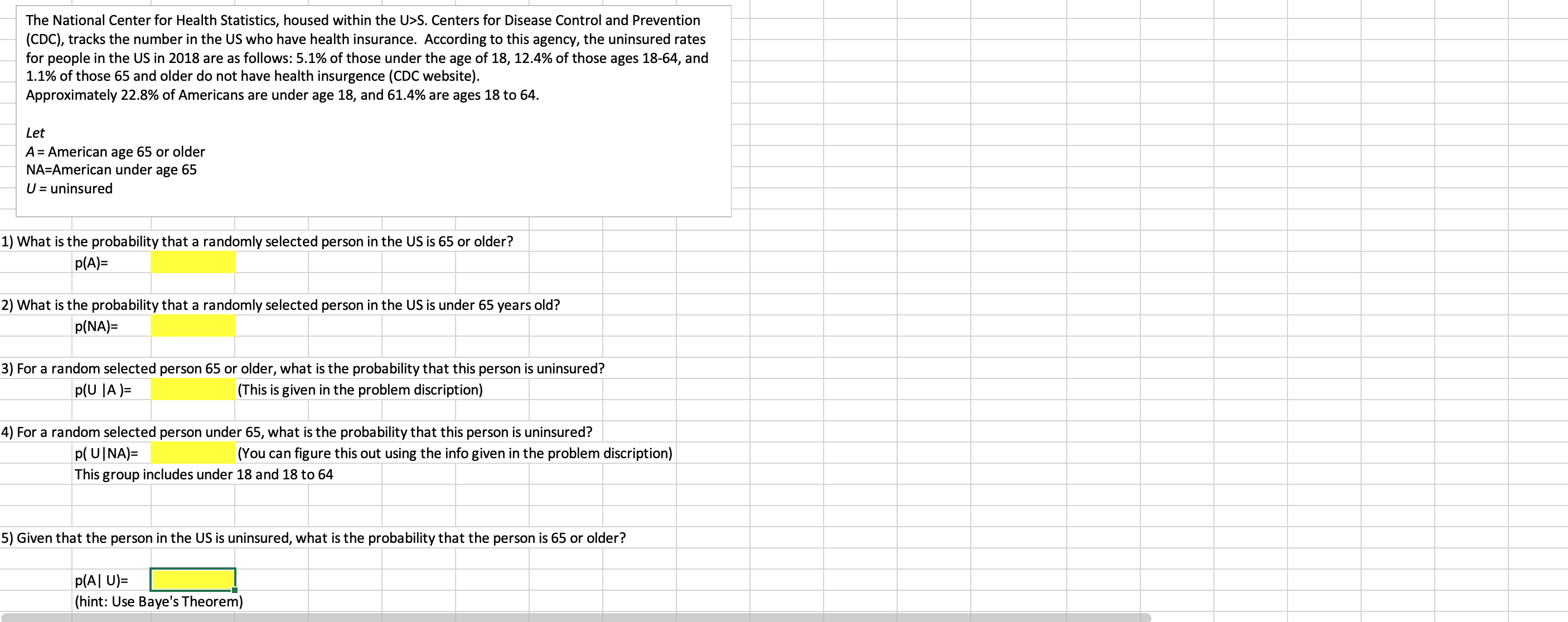 The National Center for Health Statistics, housed within the U>S. Centers for Disease Control and Prevention
(CDC), tracks the number in the US who have health insurance. According to this agency, the uninsured rates
for people in the US in 2018 are as follows: 5.1% of those under the age of 18, 12.4% of those ages 18-64, and
1.1% of those 65 and older do not have health insurgence (CDC website).
Approximately 22.8% of Americans are under age 18, and 61.4% are ages 18 to 64.
Let
A = American age 65 or older
NA=American under age 65
U = uninsured
1) What is the probability that a randomly selected person in the US is 65 or older?
p(A)=
2) What is the probability that a randomly selected person in the US is under 65 years old?
p(NA)=
3) For a random selected person 65 or older, what is the probability that this person is uninsured?
p(U |A )=
(This is given in the problem discription)
4) For a random selected person under 65, what is the probability that this person is uninsured?
p(U|NA)=
(You can figure this out using the info given in the problem discription)
This group includes under 18 and 18 to 64
