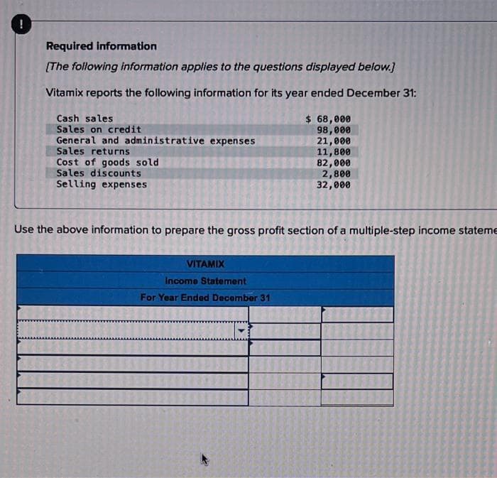 Required information
[The following information applies to the questions displayed below.]
Vitamix reports the following information for its year ended December 31:
Cash sales
$ 68,000
Sales on credit
98,000
General and administrative expenses
21,000
Sales returns
11,800
Cost of goods sold
82,000
Sales discounts
Selling expenses
2,800
32,000
Use the above information to prepare the gross profit section of a multiple-step income stateme
VITAMIX
Income Statement
For Year Ended December 31
<