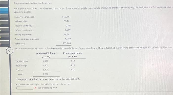 Single plantwide factory overhead rate)
Scrumptious Snacks Inc. manufactures three types of snack foods: tortilla chips, potato chips, and pretzels. The company has budgeted the following costs for t
upcoming period:
Factory depreciation
Indirect labor
Factory electricity
Indirect materials
Selling expenses
$10,681
26,471
3,019)
6,269
14,861
8,359
$69,660
Administrative expenses
Total costs
Factory overhead is allocated to the three products on the basis of processing hours. The products had the following production budget and processing hours per
Processing Hours
Budgeted Volume
(Cases)
per Case
Tortilla chips
6,300
Potato chips
1,500
Pretzels
1,800
Total
9,600
If required, round all per-case answers to the nearest cent.
a. Determine the single plantwide factory overhead rate.
Xper processing hour
0.12
0.15
0.10