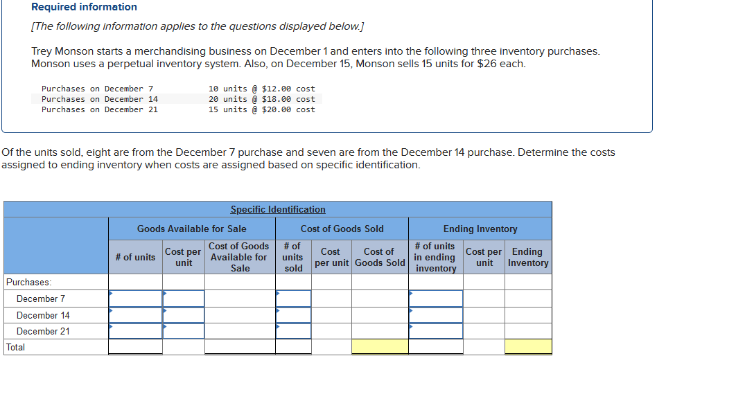 Required information
[The following information applies to the questions displayed below.]
Trey Monson starts a merchandising business on December 1 and enters into the following three inventory purchases.
Monson uses a perpetual inventory system. Also, on December 15, Monson sells 15 units for $26 each.
Purchases on December 7
Purchases on December 14
Purchases on December 21
Total
Of the units sold, eight are from the December 7 purchase and seven are from the December 14 purchase. Determine the costs
assigned to ending inventory when costs are assigned based on specific identification.
Purchases:
December 7
December 14
December 21
10 units @ $12.00 cost
20 units @ $18.00 cost
15 units @ $20.00 cost
# of units
Specific Identification
Goods Available for Sale
Cost of Goods
Cost per Available for
unit
Sale
Cost of Goods Sold
# of
units
sold
Cost Cost of
per unit Goods Sold
Ending Inventory
# of units
in ending
inventory
Cost per Ending
unit Inventory