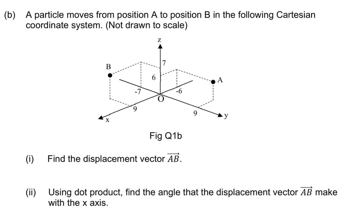 (b) A particle moves from position A to position B in the following Cartesian
coordinate system. (Not drawn to scale)
(i)
7
6
de
B
Z
X
Fig Q1b
Find the displacement vector AB.
A
(ii) Using dot product, find the angle that the displacement vector AB make
with the x axis.