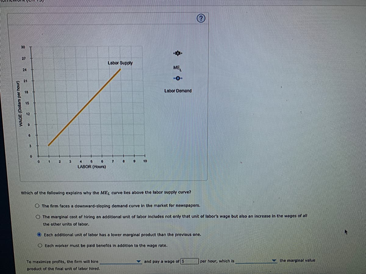 30
27
Labor Supply
ME
24
21
Labor Demand
18
15
12
3.
2
8.
10
LABOR (Hours)
Which of the following explains why the ME, curve lles above the labor supply curve?
O The firm faces a downward-sloping demand curve in the market for newspapers.
O The marginal cost of hiring an additional unit of labor includes not only that unit of labor's wage but also an increase in the wages of all
the other units of labor.
O Each additional unit of labor has a lower marginal product than the previous one.
O Each worker must be paid benefits in addition to the wage rate.
To maximize profits, the firm will hire
v and pay a wage of $
per hour, which is
the marginal value
product of the final unit of labor hired.
WAGE (Dollars per hour)
