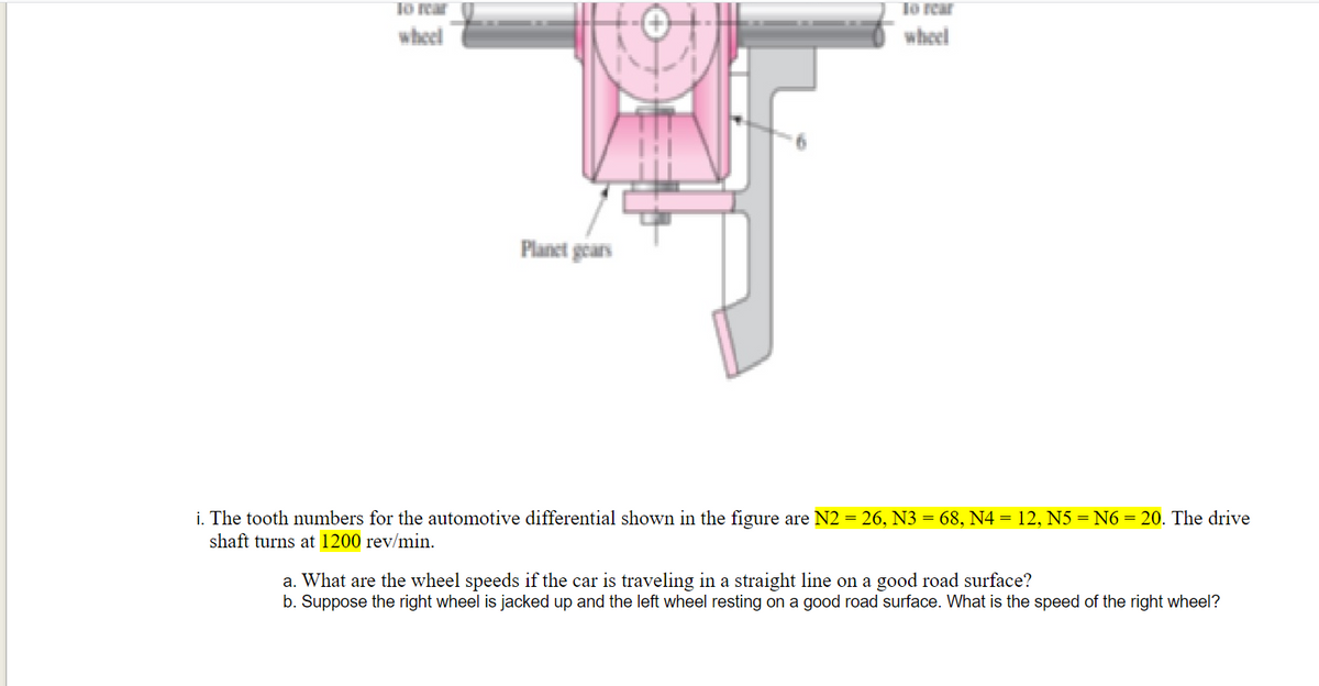 To fear
Tô rear
wheel
wheel
Planet gears
i. The tooth numbers for the automotive differential shown in the figure are N2 = 26, N3 = 68, N4 = 12, N5 = N6 = 20. The drive
shaft turns at 1200 rev/min.
a. What are the wheel speeds if the car is traveling in a straight line on a good road surface?
b. Suppose the right wheel is jacked up and the left wheel resting on a good road surface. What is the speed of the right wheel?
