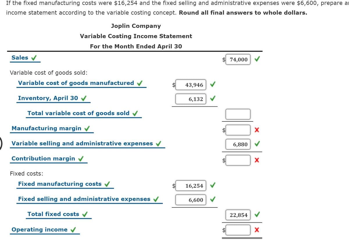 If the fixed manufacturing costs were $16,254 and the fixed selling and administrative expenses were $6,600, prepare ar
income statement according to the variable costing concept. Round all final answers to whole dollars.
Joplin Company
Variable Costing Income Statement
For the Month Ended April 30
Sales v
74,000
Variable cost of goods sold:
Variable cost of goods manufactured v
43,946
Inventory, April 30
6,132
Total variable cost of goods sold v
Manufacturing margin v
Variable selling and administrative expenses
6,880
Contribution margin
X
Fixed costs:
Fixed manufacturing costs
16,254
Fixed selling and administrative expenses v
6,600
Total fixed costs
22,854
Operating income
