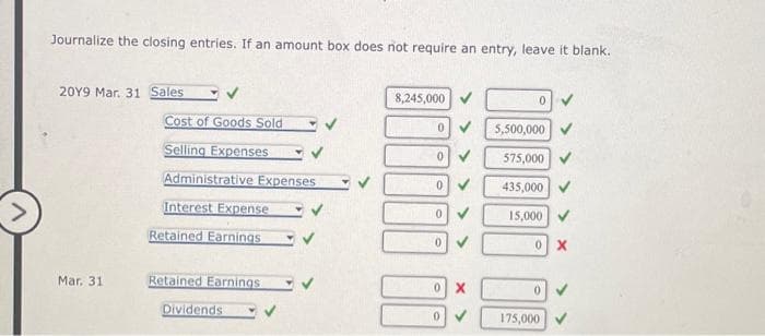 Journalize the closing entries. If an amount box does not require an entry, leave it blank.
20Y9 Mar. 31 Sales
✓
Cost of Goods Sold
Selling Expenses
Mar, 31
Administrative Expenses
Interest Expense
Retained Earnings
Retained Earnings
Dividends
8,245,000
0
0
0
0
50 X
0
5,500,000
575,000
435,000
15,000
0X
0
175,000
>>