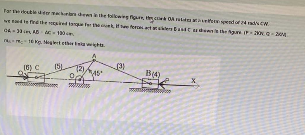 For the double slider mechanism shown in the following figure, the crank OA rotates at a uniform speed of 24 rad/s CW.
we need to find the required torque for the crank, if two forces act at sliders B and C as shown in the figure. (P= 2KN, Q = 2KN).
OA = 30 cm, AB=AC = 100 cm.
mg = mc = 10 Kg. Neglect other links weights.
(6) C
(5)
(3)
45
B (4)
X