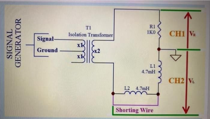 R1
1KO
T1
Isolation Transformer
CH1 V
Signal-
Ground
xk
L1
4.7mH
CH2 V.
L2 4.7mH
Shorting Wire
SIGNAL
GENERATOR
