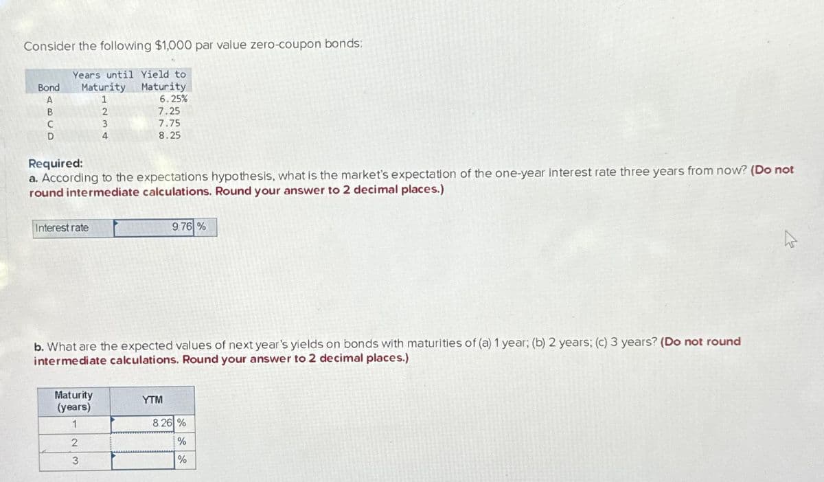 Consider the following $1,000 par value zero-coupon bonds:
Years until Yield to
Maturity Maturity
Bond
A
1
6.25%
B
2
7.25
C
3
7.75
D
4
8.25
Required:
a. According to the expectations hypothesis, what is the market's expectation of the one-year interest rate three years from now? (Do not
round intermediate calculations. Round your answer to 2 decimal places.)
Interest rate
9.76 %
b. What are the expected values of next year's yields on bonds with maturities of (a) 1 year; (b) 2 years; (c) 3 years? (Do not round
intermediate calculations. Round your answer to 2 decimal places.)
Maturity
(years)
YTM
1
8.26%
2
%
3
%