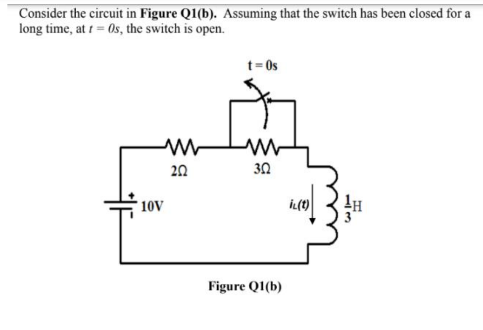 Consider the circuit in Figure Q1(b). Assuming that the switch has been closed for a
long time, at i = 0s, the switch is open.
t= 0s
2Ω
30
10V
İL(t)
Figure Q1(b)
