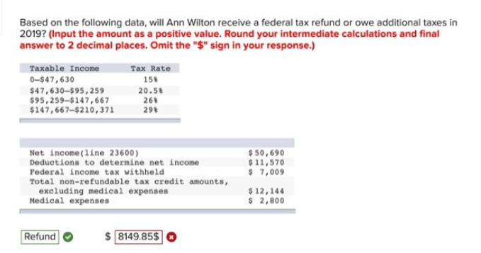 Based on the following data, will Ann Wilton receive a federal tax refund or owe additional taxes in
2019? (Input the amount as a positive value. Round your intermediate calculations and final
answer to 2 decimal places. Omit the "$" sign in your response.)
Taxable Income
0-$47,630
$47,630-$95,259
$95,259-$147,667
$147,667-$210,371
Tax Rate
158
20.58
268
298
Net income (line 23600)
Deductions to determine net income
Federal income tax withheld
Total non-refundable tax credit amounts,
excluding medical expenses
Medical expenses
Refund
$8149.85$
$50,690
$11,570
$ 7,009
$12,144
$ 2,800