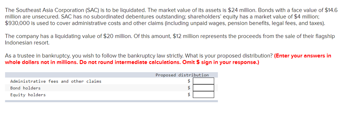 The Southeast Asia Corporation (SAC) is to be liquidated. The market value of its assets is $24 million. Bonds with a face value of $14.6
million are unsecured. SAC has no subordinated debentures outstanding; shareholders' equity has a market value of $4 million;
$930,000 is used to cover administrative costs and other claims (including unpaid wages, pension benefits, legal fees, and taxes).
The company has a liquidating value of $20 million. Of this amount, $12 million represents the proceeds from the sale of their flagship
Indonesian resort.
As a trustee in bankruptcy, you wish to follow the bankruptcy law strictly. What is your proposed distribution? (Enter your answers in
whole dollars not in millions. Do not round intermediate calculations. Omit $ sign in your response.)
Administrative fees and other claims
Bond holders
Equity holders
Proposed distribution
$
$
$