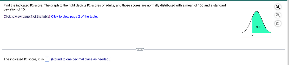 Find the indicated IQ score. The graph to the right depicts IQ scores of adults, and those scores are normally distributed with a mean of 100 and a standard
deviation of 15.
Click to view page 1 of the table Click to view page 2 of the table.
The indicated IQ score, x, is (Round to one decimal place as needed.)
X
0.8
N