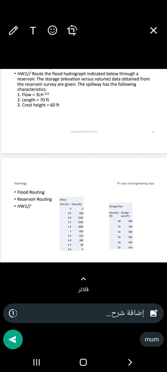 T t +
1. Flow 3LH 3/2
2. Length = 70 ft
3. Crest height = 60 ft
Hydrology
HW1// Route the flood hydrograph indicated below through a
reservoir. The storage (elevation versus volume) data obtained from
the reservoir survey are given. The spillway has the following
characteristics:
• Flood Routing
• Reservoir Routing
• HW1//
(1
=
புர்
|||
Prepared by Dr Nabil Al Amery
Inflow
Time (hr) Flow (cfs)
0
0.4
0.8
1.2
1.6
2
2.4
2.8
3.2
3.6
0
600
2100
2500
1600
950
550
300
80
0
فلاتر
O
4th year civil engineering class
Storage Date
Elevation Storage
(ft)
(acre ft)
60
61
62
63
64
65
300
330
360
395
430
470
×
إضافة شرح...
>
mum