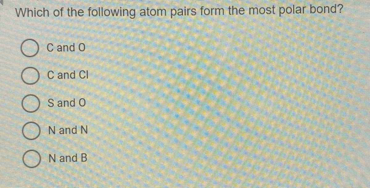 Which of the following atom pairs form the most polar bond?
O C and O
C and CI
S and O
N and N
N and B
