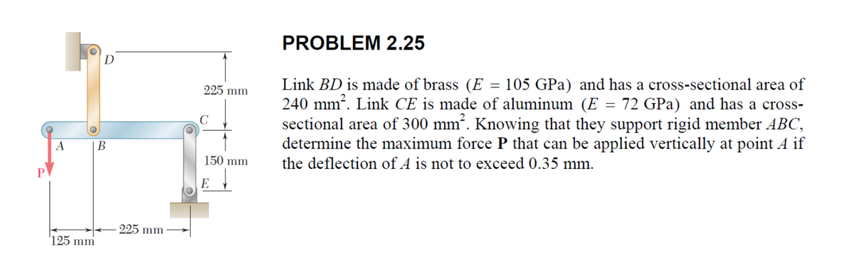 A
B
D
225 mm
150 mm
E
PROBLEM 2.25
Link BD is made of brass (E = 105 GPa) and has a cross-sectional area of
240 mm². Link CE is made of aluminum (E = 72 GPa) and has a cross-
sectional area of 300 mm². Knowing that they support rigid member ABC,
determine the maximum force P that can be applied vertically at point A if
the deflection of A is not to exceed 0.35 mm.
125 mm
225 mm