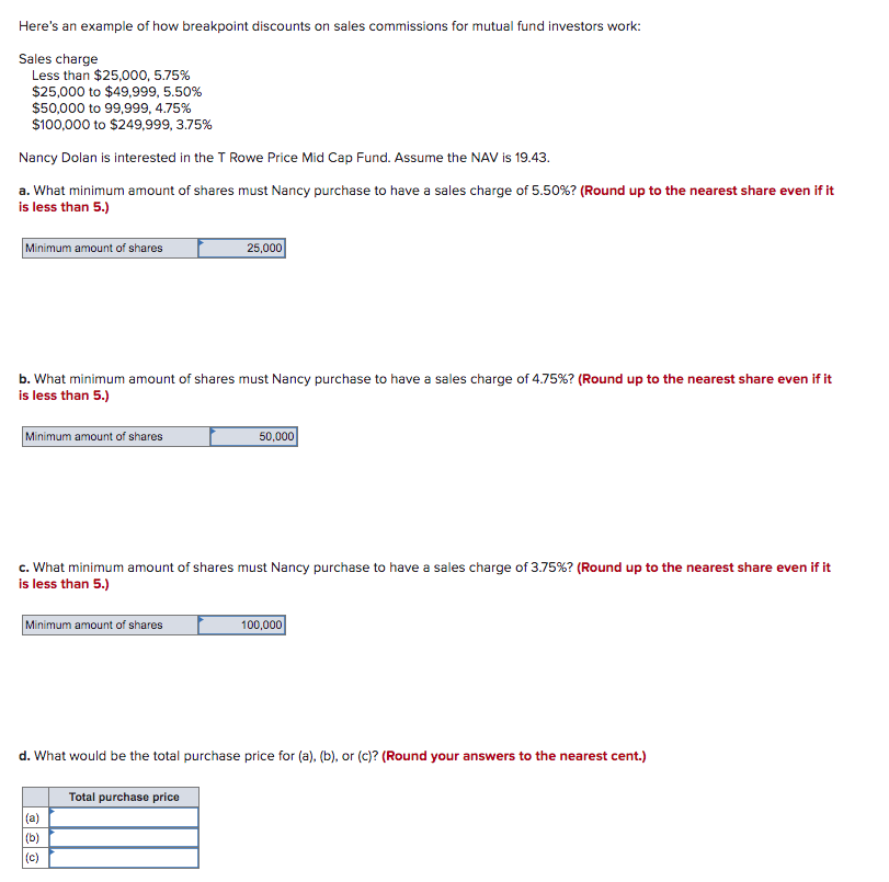 Here's an example of how breakpoint discounts on sales commissions for mutual fund investors work:
Sales charge
Less than $25,000, 5.75%
$25,000 to $49,999, 5.50%
$50,000 to 99,999, 4.75%
$100,000 to $249,999, 3.75%
Nancy Dolan is interested in the T Rowe Price Mid Cap Fund. Assume the NAV is 19.43.
a. What minimum amount of shares must Nancy purchase to have a sales charge of 5.50%? (Round up to the nearest share even if it
is less than 5.)
Minimum amount of shares
25,000
b. What minimum amount of shares must Nancy purchase to have a sales charge of 4.75%? (Round up to the nearest share even if it
is less than 5.)
Minimum amount of shares
50,000
c. What minimum amount of shares must Nancy purchase to have a sales charge of 3.75%? (Round up to the nearest share even if it
is less than 5.)
Minimum amount of shares
100,000
d. What would be the total purchase price for (a), (b), or (c)? (Round your answers to the nearest cent.)
Total purchase price
(a)
(b)
(c)
