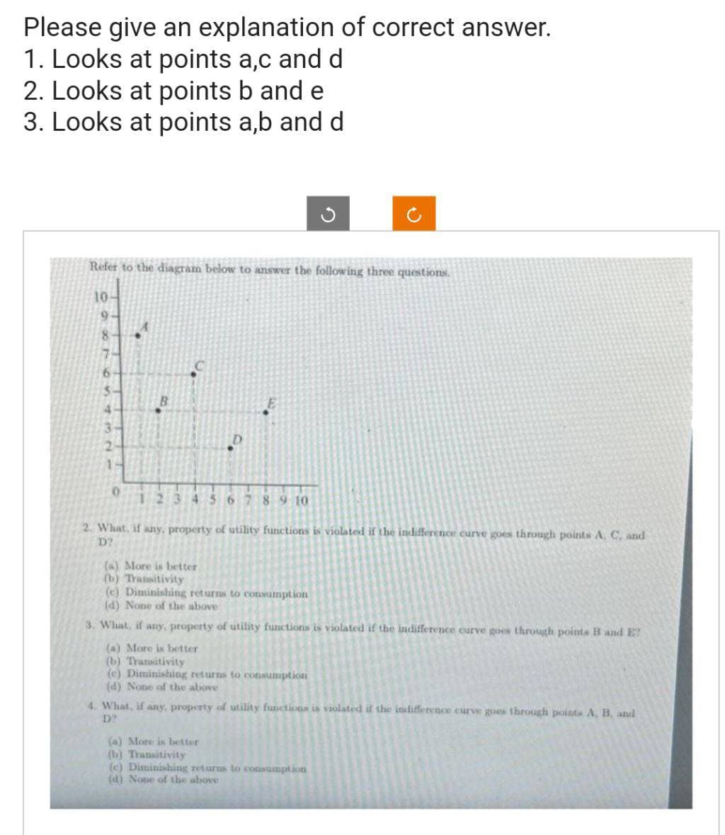 Please give an explanation of correct answer.
1. Looks at points a,c and d
2. Looks at points b and e
3. Looks at points a,b and d
Refer to the diagram below to answer the following three questions.
10-
9
2
1-
0
1 2 3 4 5 6 7 8 9 10
2. What, if any, property of utility functions is violated if the indifference curve goes through points A, C, and
D7
+)
(a) More is better.
(b) Transitivity
(e) Diminishing returns to consumption
(d) None of the above
3. What, if any, property of utility functions is violated if the indifference curve goes through points B and E?
(a) More is better
(b) Transitivity
(e) Diminishing returns to consumption
(d) None of the above
4. What, if any, property of utility functions is violated if the indifference curve goes through points A, B, and
D?
(a) More is better
(b) Transitivity
(c) Diminishing returns to consumption
(d) None of the above