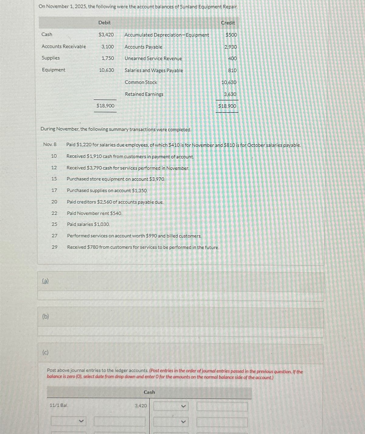 On November 1, 2025, the following were the account balances of Sunland Equipment Repair.
Cash
Accounts Receivable
Supplies
Equipment
Nov. 8
(a)
(b)
(c)
10
12
15
17
20
During November, the following summary transactions were completed.
22
25
27
29
Debit
$3,420
3,100
1,750
11/1 Bal.
10,630
$18,900
Accumulated Depreciation-Equipment
Accounts Payable
Unearned Service Revenue
Salaries and Wages Payable
Common Stock
Retained Earnings
Paid November rent $540.
Paid salaries $1,030.
Performed services on account worth $990 and billed customers.
Received $780 from customers for services to be performed in the future.
Credit
Cash
$500
3,420
2,930
400
810
Paid $1,220 for salaries due employees, of which $410 is for November and $810 is for October salaries payable.
Received $1,910 cash from customers in payment of account.
Received $3,790 cash for services performed in November.
Purchased store equipment on account $3,970.
Purchased supplies on account $1,350.
Paid creditors $2,560 of accounts payable due.
10,630
3,630
$18,900
Post above journal entries to the ledger accounts. (Post entries in the order of journal entries passed in the previous question. If the
balance is zero (0), select date from drop down and enter O for the amounts on the normal balance side of the account)