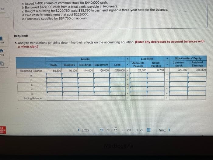 a. Issued 4,400 shares of common stock for $440,000 cash.
b. Borrowed $121,000 cash from a local bank, payable in two years.
c. Bought a building for $229,750; paid $88,750 in cash and signed a three-year note for the balance.
d. Pald cash for equipment that cost $226,000.
e. Purchased supples for $54,750 on account.
of 6
Required:
1. Analyze transactions (a)-fe) to determine their effects on the accounting equation. (Enter any decreases to account balances with
a minus sign.)
Book
Print
Assets
Liabilitios
Stockholders' Equity
Notes
Payable
Common
Stock
Accounts
Retained
Cash
Supplies
Bulldings Equipment
Land
Earnings
Payable
21.100
erences
Beginning Balanoe
55,500
16,100
144,000
08,000
275.000
6,700.
220.000
385,800
b.
d.
Ending Balanoe
Graw
Hill
< Prev
16 17
of 21
Next >
15
20
MacBook Air
