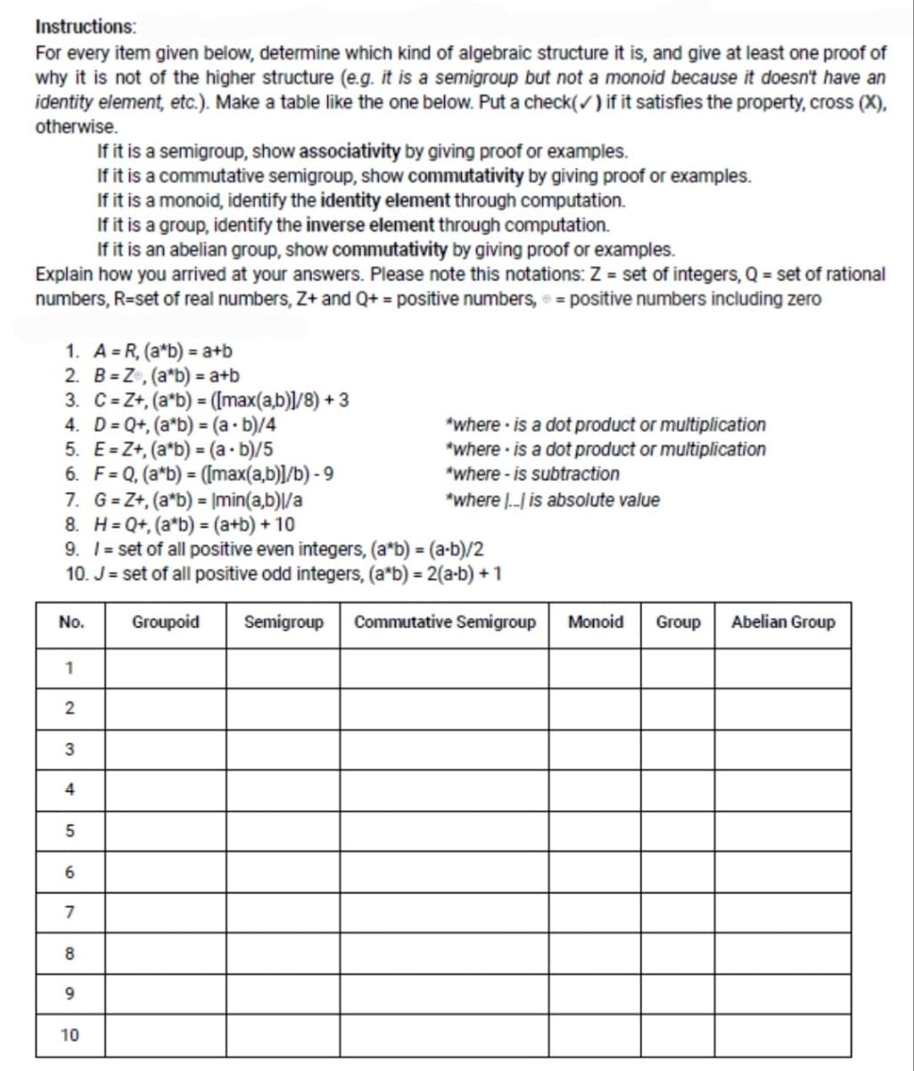 Instructions:
For every item given below, determine which kind of algebraic structure it is, and give at least one proof of
why it is not of the higher structure (e.g. it is a semigroup but not a monoid because it doesn't have an
identity element, etc.). Make a table like the one below. Put a check(/ ) if it satisfies the property, cross (X),
otherwise.
If it is a semigroup, show associativity by giving proof or examples.
If it is a commutative semigroup, show commutativity by giving proof or examples.
If it is a monoid, identify the identity element through computation.
If it is a group, identify the inverse element through computation.
If it is an abelian group, show commutativity by giving proof or examples.
Explain how you arrived at your answers. Please note this notations: Z = set of integers, Q = set of rational
numbers, R=set of real numbers, Z+ and Q+ = positive numbers, e = positive numbers including zero
1. A = R, (a*b) = a+b
2. B=Z, (a*b) = a+b
3. C=Z+, (a*b) = ([max(a,b)]/8) + 3
4. D= Q+, (a*b) = (a · b)/4
5. E=Z+, (a*b) = (a· b)/5
6. F= Q, (a*b) = (Imax(a,b)]/b) - 9
7. G=Z+, (a*b) = |min(a,b)\/a
8. H= Q+, (a*b) = (a+b) + 10
9. 1= set of all positive even integers, (a*b) = (a-b)/2
10. J= set of all positive odd integers, (a*b) = 2(a-b) + 1
*where · is a dot product or multiplication
*where is a dot product or multiplication
*where - is subtraction
*where |. is absolute value
No.
Groupoid
Semigroup
Commutative Semigroup
Monoid
Group
Abelian Group
1
3
4
5
7
8
9
10
