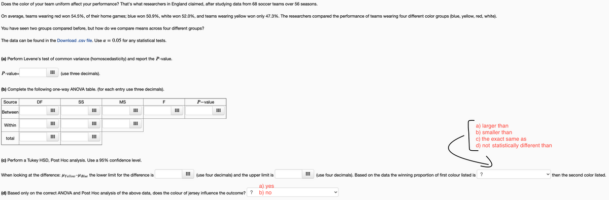 Does the color of your team uniform affect your performance? That's what researchers in England claimed, after studying data from 68 soccer teams over 56 seasons.
On average, teams wearing red won 54.5%, of their home games; blue won 50.9%, white won 52.0%, and teams wearing yellow won only 47.3%. The researchers compared the performance of teams wearing four different color groups (blue, yellow, red, white).
You have seen two groups compared before, but how do we compare means across four different groups?
The data can be found in the Download .csv file. Use a = 0.05 for any statistical tests.
(a) Perform Levene's test of common variance (homoscedasticity) and report the P-value.
P-value=
(use three decimals).
(b) Complete the following one-way ANOVA table. (for each entry use three decimals).
Source
DF
SS
MS
F
P-value
Between
a) larger than
b) smaller than
c) the exact same as
d) not statistically different than
Within
total
(c) Perform a Tukey HSD, Post Hoc analysis. Use a 95% confidence level.
When looking at the difference: Hyellow -H Blue the lower limit for the difference is
(use four decimals) and the upper limit is
(use four decimals). Based on the data the winning proportion of first colour listed is ?
v then the second color listed.
а) yes
b) no
(d) Based only on the correct ANOVA and Post Hoc analysis of the above data, does the colour of jersey influence the outcome? ?
